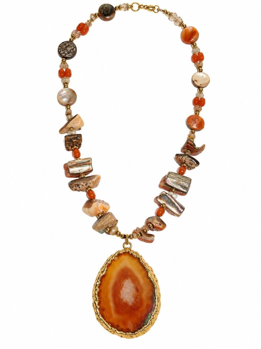 Orange Agate Slice Shell Stone Beaded Gold Tone Boho Statement Necklace